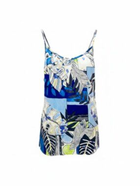 Vtg Kiyo Petites Hawaiian Blue Leaf Spaghetti Strap Women's Top *Made In Hawaii*